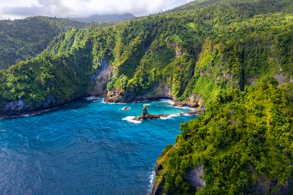 Glassy Point, East Coast of Dominica, Caribbean Islands. A picturesque area popular with visitors. December 2019. Drone photo.
