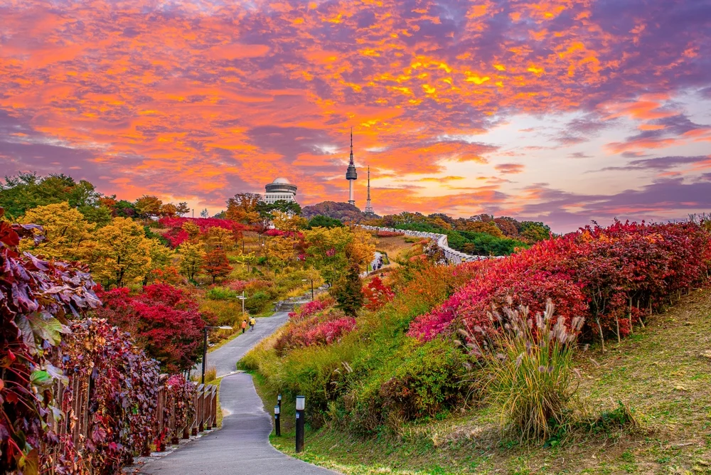 Namsan Seoul Tower castle wall during autumn leaves, taken in Seoul, South Korea.
