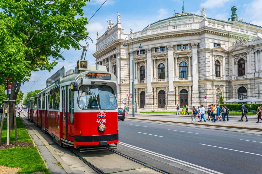 Famous Wiener Ringstrasse with historic Burgtheater (Imperial Court Theatre) and traditional red electric tram
Vienna