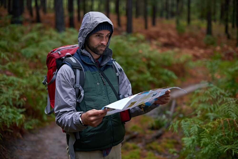 Search, map and man lost in forest with guide to camp in woods or thinking of navigation or direction. Confused, travel and trekking in nature with backpack or plan to find location on hiking journey
