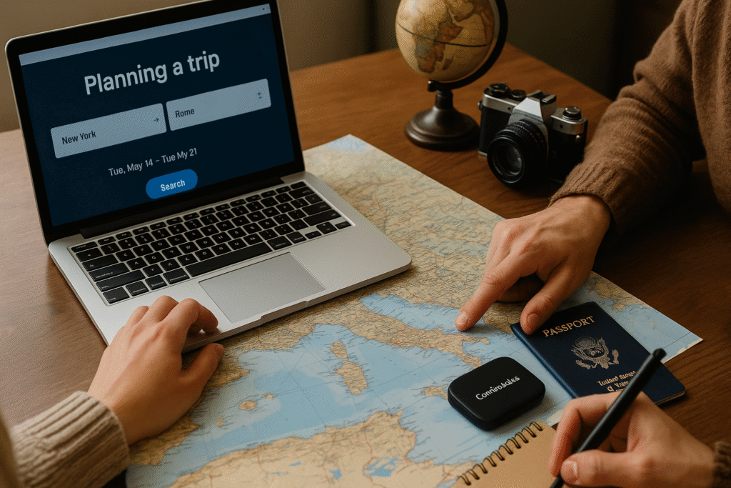 Two travelers planning a Europe trip at a cozy wooden desk with a laptop, world map, vintage camera, passports, notebook, and a ConnectPls portable Wi-Fi device.
