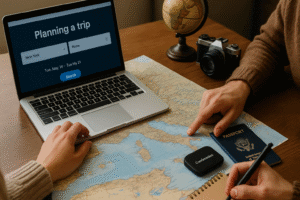 Two travelers planning a Europe trip at a cozy wooden desk with a laptop, world map, vintage camera, passports, notebook, and a ConnectPls portable Wi-Fi device.