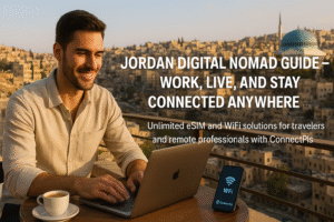 Handsome digital nomad working remotely from a rooftop café in Amman, Jordan, using ConnectPls WiFi with a view of the Roman Amphitheater and King Abdullah I Mosque in the background during golden hour. Ideal for Jordan eSIM, remote work, and digital nomad lifestyle content