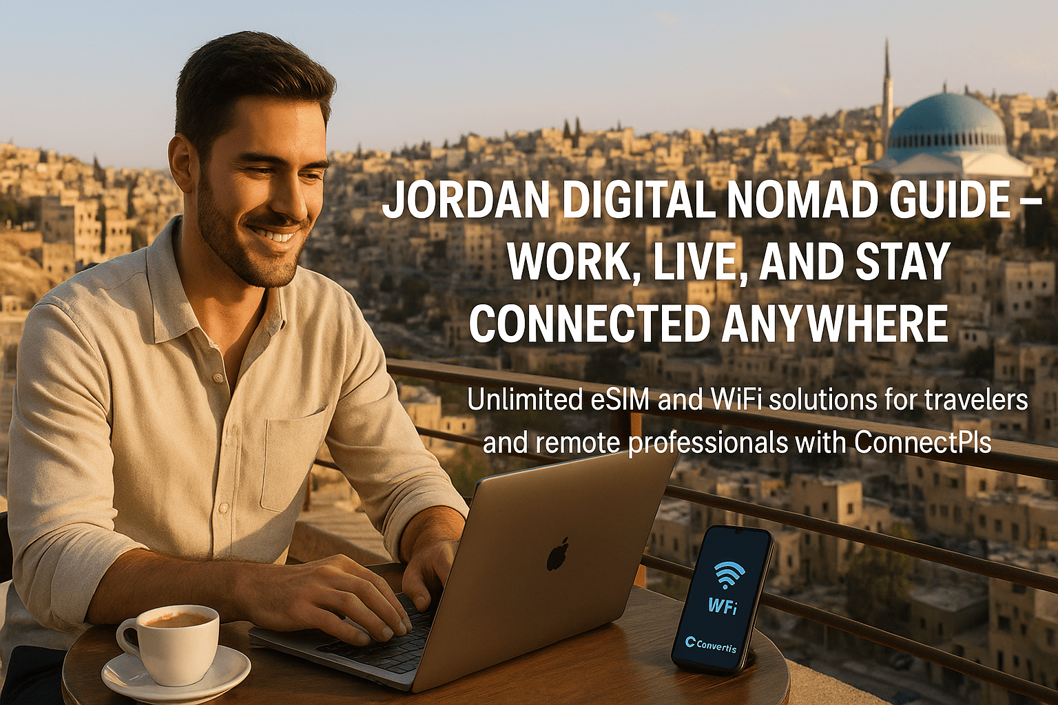 Handsome digital nomad working remotely from a rooftop café in Amman, Jordan, using ConnectPls WiFi with a view of the Roman Amphitheater and King Abdullah I Mosque in the background during golden hour. Ideal for Jordan eSIM, remote work, and digital nomad lifestyle content