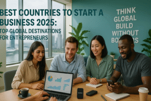 Diverse group of global entrepreneurs working together in a modern coworking space in Singapore with Marina Bay Sands skyline, using laptops and ConnectPls portable WiFi for seamless business connectivity — showcasing startup collaboration and innovation in 2025.