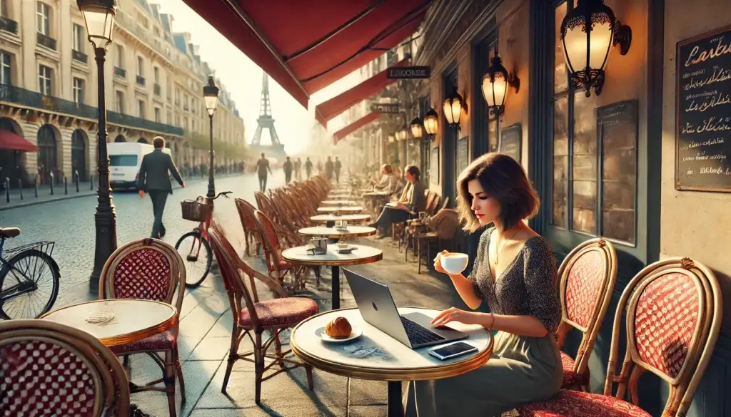 A young American professional working on a laptop in a stylish, sunlit cafe in Lisbon's Chiado neighborhood.