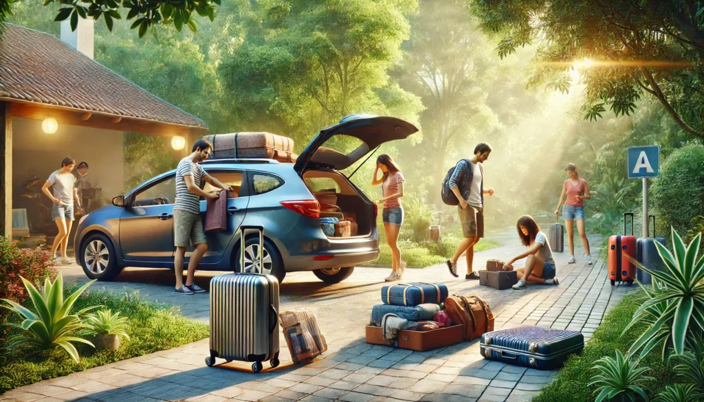 A realistic photo of people preparing for a road trip beside their car. They are packing luggage, organizing travel essentials, and checking the car's condition. The car is parked in a driveway with lush greenery in the background. The scene captures a cheerful atmosphere with vibrant colors and bright, natural lighting. Created Using: realistic lighting, dynamic poses, detailed travel items, vivid environment, preparation theme, high clarity, hd quality, natural look