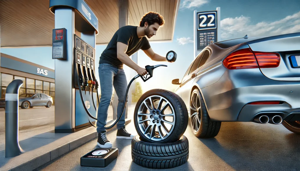 A realistic photo of a person inflating car tires at a gas station before a road trip. The person is focused, using a pressure gauge and air pump on a clean, well-maintained car tire. The background features a modern gas station with clear signage and a bright, sunny day, enhancing the vibrant colors. Created Using: realistic lighting, action-oriented pose, detailed car components, vibrant environment, safety check theme, high clarity, hd quality, natural look