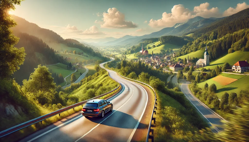 A realistic photo of a road trip in Europe, showing a car driving on a scenic highway surrounded by beautiful landscapes. The road curves along lush green hills, with picturesque villages and historic landmarks visible in the distance. The sky is clear with a few fluffy clouds, and sunlight enhances the vibrant colors. Created Using: realistic lighting, dynamic perspective, detailed scenery, European travel theme, vivid environment, high clarity, hd quality, natural look