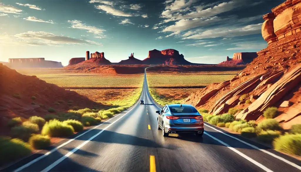 A realistic photo of a road trip in the US, showing a car driving along a scenic route with iconic American landscapes. The road stretches through a vast desert with red rock formations and a clear blue sky. The car is in motion, creating a sense of adventure and freedom. Sunlight casts natural shadows, enhancing the vibrant colors of the desert scenery. Created Using: realistic lighting, dynamic perspective, detailed landscape, American road trip theme, vivid environment, high clarity, hd quality, natural look