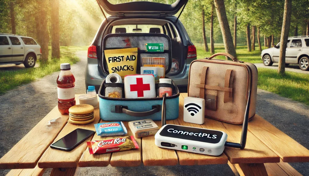 A realistic photo of road trip essentials neatly arranged, including a first aid kit, snacks, travel gadgets, and a portable WiFi router and eSIM device labeled 'Connectpls'. The items are displayed on a picnic table beside a car, ready for packing. The background shows a scenic outdoor area with trees and sunlight filtering through. Created Using: realistic lighting, detailed product arrangement, vibrant colors, travel essentials theme, high clarity, hd quality, natural look