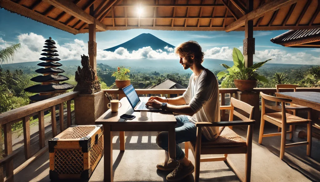 A realistic photograph of a digital nomad in Bali, working on a laptop at an open-air café with a view of the iconic Mount Agung in the background. The nomad is casually dressed, deeply focused on the screen, with a smartphone and coffee cup nearby. The background features a stunning panorama of volcanic peaks under a bright blue sky, with scattered clouds adding depth to the scene. The café has rustic wooden furniture, local Balinese decor, and leafy plants creating a serene atmosphere. Natural sunlight illuminates the space, casting soft shadows that enhance the tranquil and productive environment. Created Using: lifestyle photography, candid composition, high-resolution detail, natural lighting, vibrant color palette, wide-angle perspective, immersive mountain setting, and realistic post-processing, hd quality, natural look