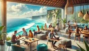 A realistic photograph of people working as digital nomads in Bali, gathered at an open-air coworking space with a stunning view of the ocean and cliffs. They are using laptops and tablets, engaged in focused conversations and collaborative work. The background features a breathtaking coastal landscape with turquoise waves crashing against rocky cliffs under a clear blue sky. The workspace has modern wooden furniture, comfortable seating, and tropical plants creating an inspiring and productive environment. Soft natural lighting enhances the vibrant, energetic atmosphere. Created Using: lifestyle photography, candid composition, high-resolution detail, realistic human figures, natural lighting, vibrant color palette, wide-angle perspective, immersive coastal setting, and realistic post-processing, hd quality, natural look