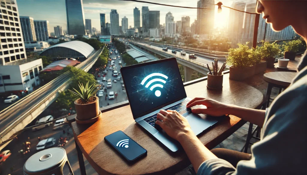 A realistic photo of a digital nomad using a laptop at an outdoor workspace with a scenic city view. The laptop screen is visible but without any text, maintaining a clean and professional look. Nearby, a smartphone on the table clearly displays a Wi-Fi symbol, emphasizing connectivity and digital nomad lifestyle. The setting is vibrant with urban life in the background, blending productivity and modern technology. Natural sunlight enhances the atmosphere with realistic shadows and reflections. Created using: high-resolution photography, cinematic lighting, detailed textures, dynamic depth of field, authentic urban environment, modern tech aesthetics, vibrant color palette, candid human posture, hd quality, natural look