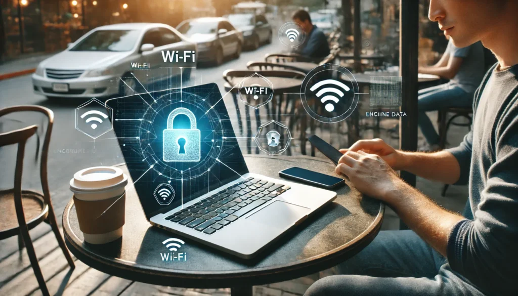 A realistic photo of a digital nomad working at an outdoor café with a laptop and smartphone. The laptop screen is blank, but next to it, the smartphone displays a Wi-Fi symbol with a padlock, emphasizing secure internet access. In the background, subtle cybersecurity elements like shield icons and encrypted data symbols are blended into the urban environment. The scene balances productivity and online safety with natural sunlight illuminating the workspace. Created using: high-resolution photography, cinematic lighting, detailed textures, dynamic depth of field, modern tech aesthetics, vibrant color palette, subtle digital overlays, candid human posture, hd quality, natural look