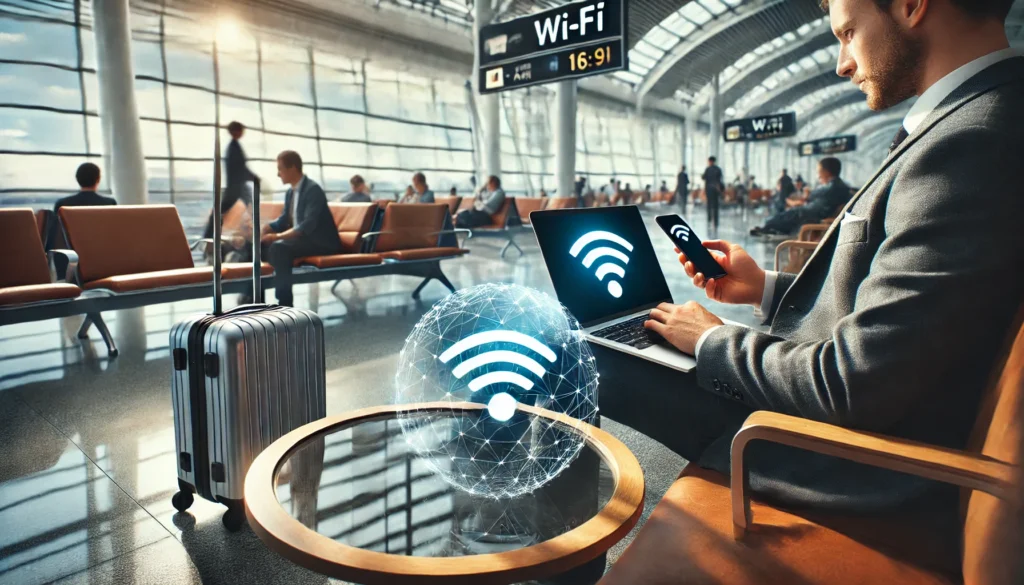 A realistic photo of a digital nomad at an airport lounge, using a laptop with no text on the screen. Nearby, a smartphone clearly shows a Wi-Fi symbol, highlighting secure connectivity. The background features travelers and modern airport decor, emphasizing a connected, on-the-go lifestyle. Natural lighting from large windows adds depth and realism. Created using: high-resolution photography, cinematic lighting, detailed ambient reflections, dynamic depth of field, modern travel aesthetics, vibrant color contrasts, realistic tech devices, candid human posture, hd quality, natural look