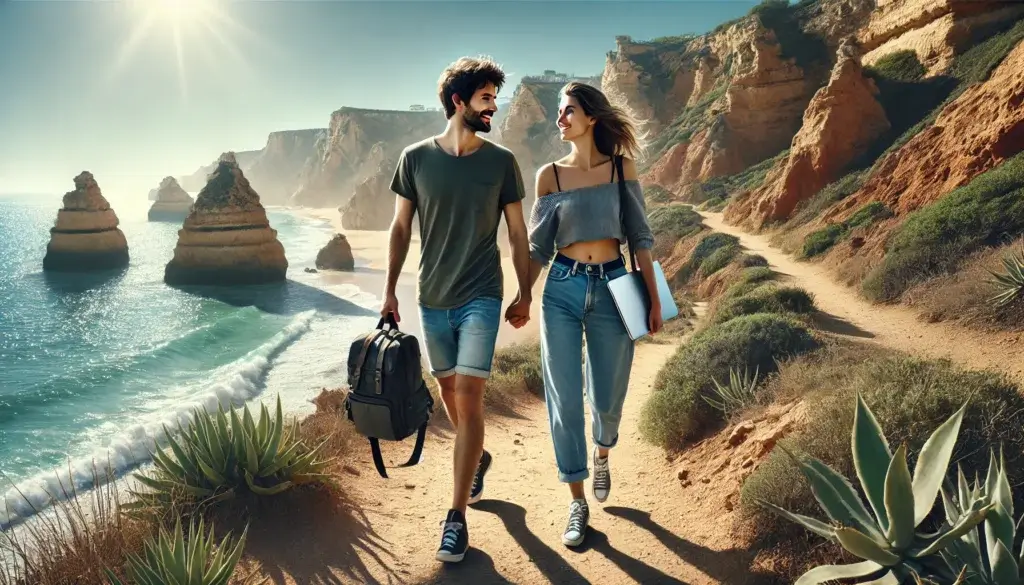 A digital nomad couple walks hand-in-hand along a coastal path in Algarve, Portugal, each carrying a laptop bag. They smile as they stroll past dramatic cliffs and blue ocean under a sunny sky, reflecting a laid-back, remote work lifestyle.