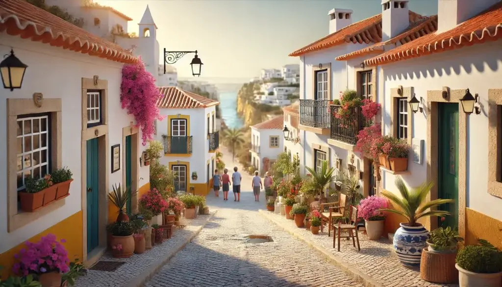 A sunlit neighborhood in Algarve, Portugal, with whitewashed houses topped with terracotta roofs, cobblestone streets, blooming bougainvillea, and locals casually chatting by vibrant doorways. A glimpse of the ocean appears in the distant background.
