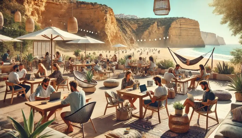 A digital nomad community gathers on a sunlit terrace in Algarve, Portugal. Some work on laptops while others chat or relax. The space features boho-style décor, hammocks, plants, and umbrellas with ocean cliffs in the background, creating a vibrant, connected remote work atmosphere.