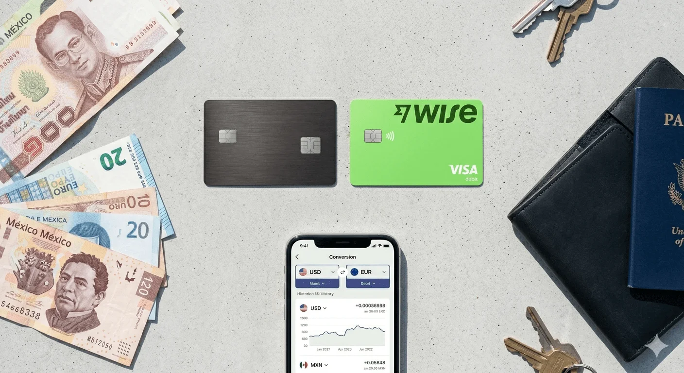 A flat-lay of a metal rewards credit card next to a green Wise debit card, surrounded by international currency and a smartphone showing a currency conversion app.