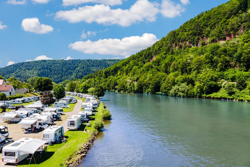 Modern camp site on river Neckar, Germany. Traveling Europe in a motorhome

