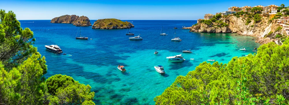 Majorca Panorama, beautiful seascape bay with luxury yachts at the coast of Santa Ponsa, Mallorca Mediterranean Sea, Balearic Islands