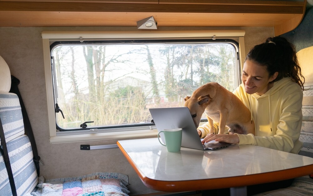 Woman teleworking in a caravan with her dog
