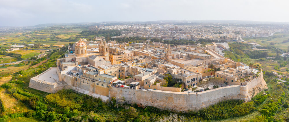 Panorama of the town of Mdina fortress aerial top view in Malta
