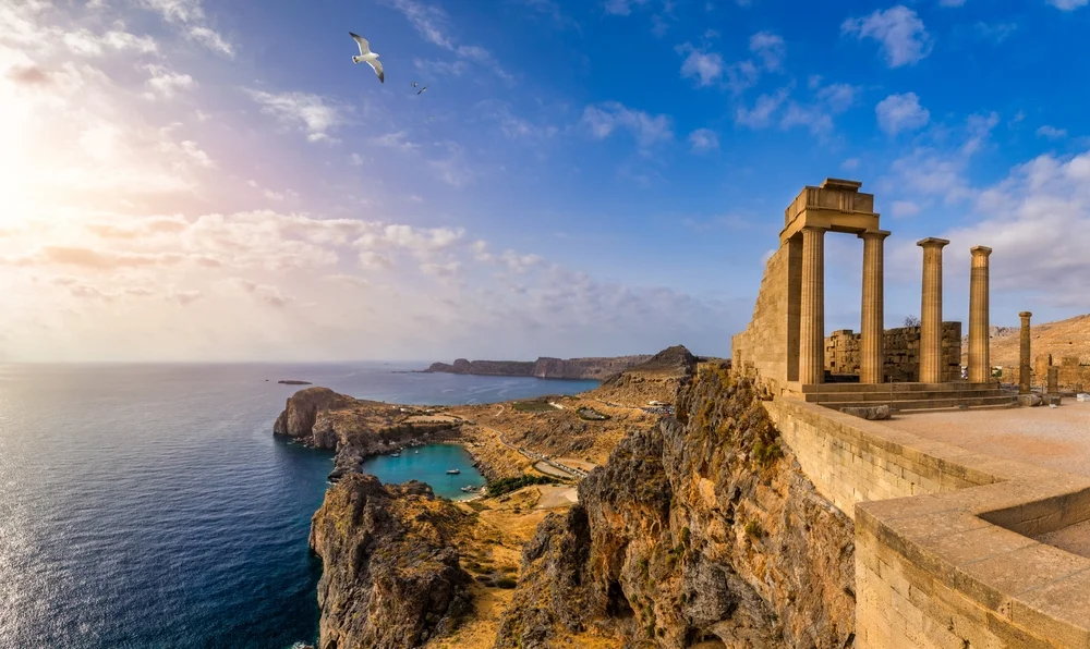 Ruins of Acropolis of Lindos view, Rhodes, Dodecanese Islands, Greek Islands, Greece. Acropolis of Lindos, ancient architecture of Rhodes, Greece.
