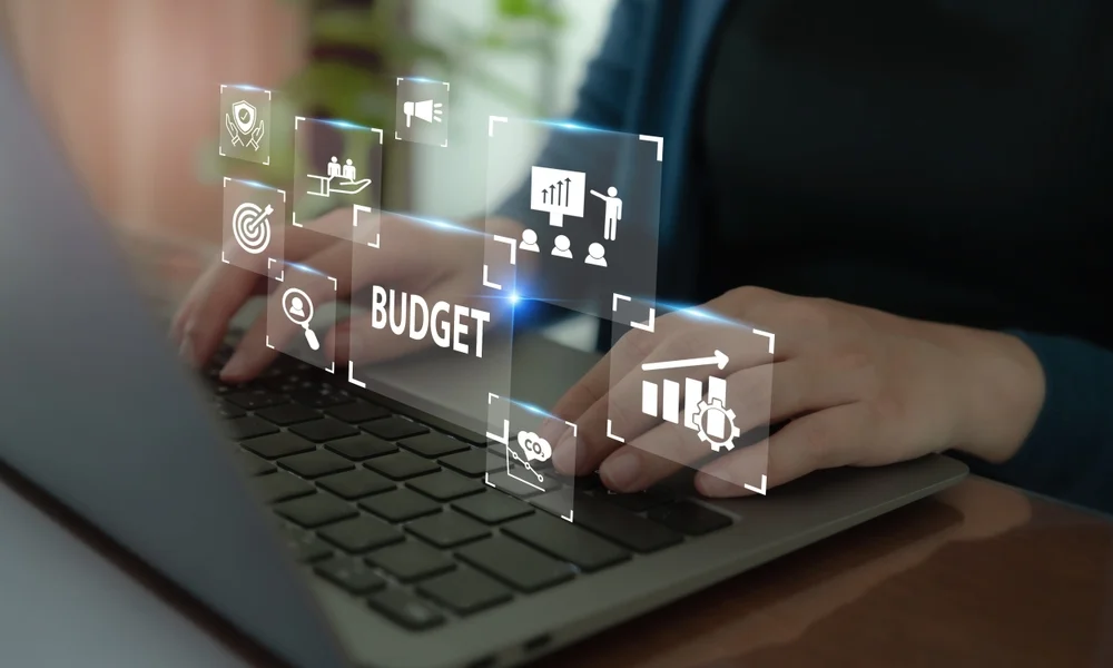 Budget planning and management concept. Company budget allocation for business or project management. Effective and smart budgeting. Plan, review, approve, allocate, analyze and optimize budgets.
