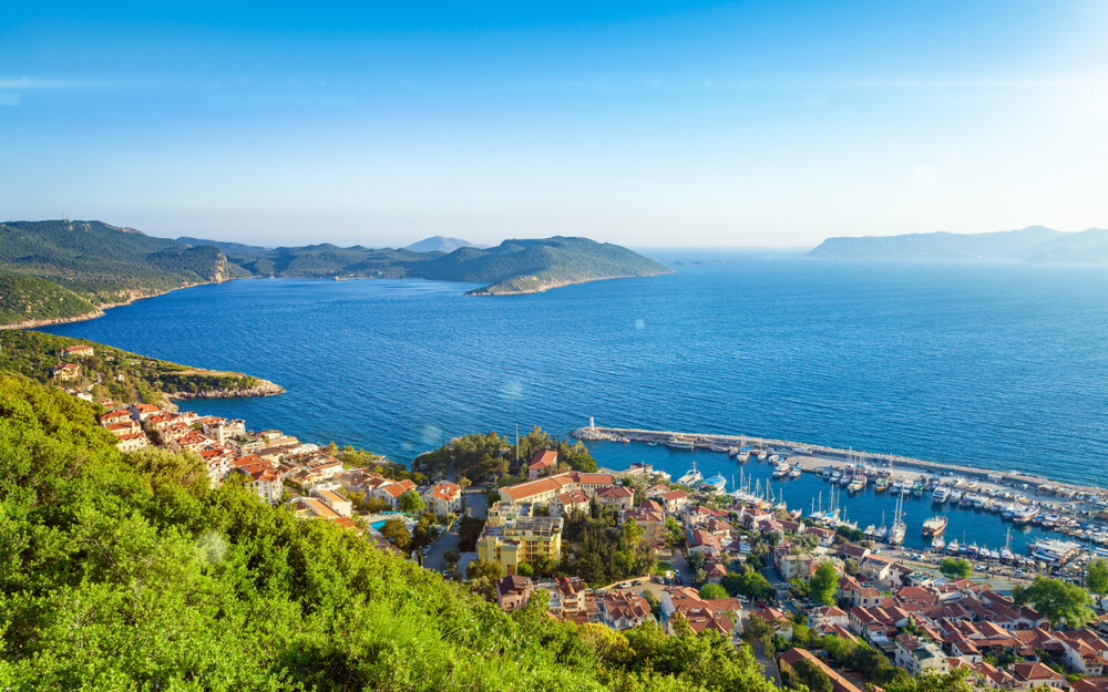 Aerial view of popular resort city Kas in Turkey, Turkish Riviera also known as Turquoise Coast, clear warm sea, sunny weather
