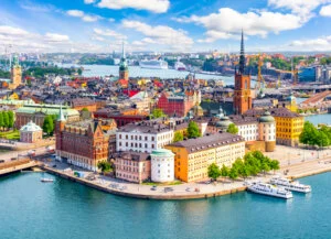 Stockholm old town (Gamla Stan) cityscape from City Hall top, visit Sweden