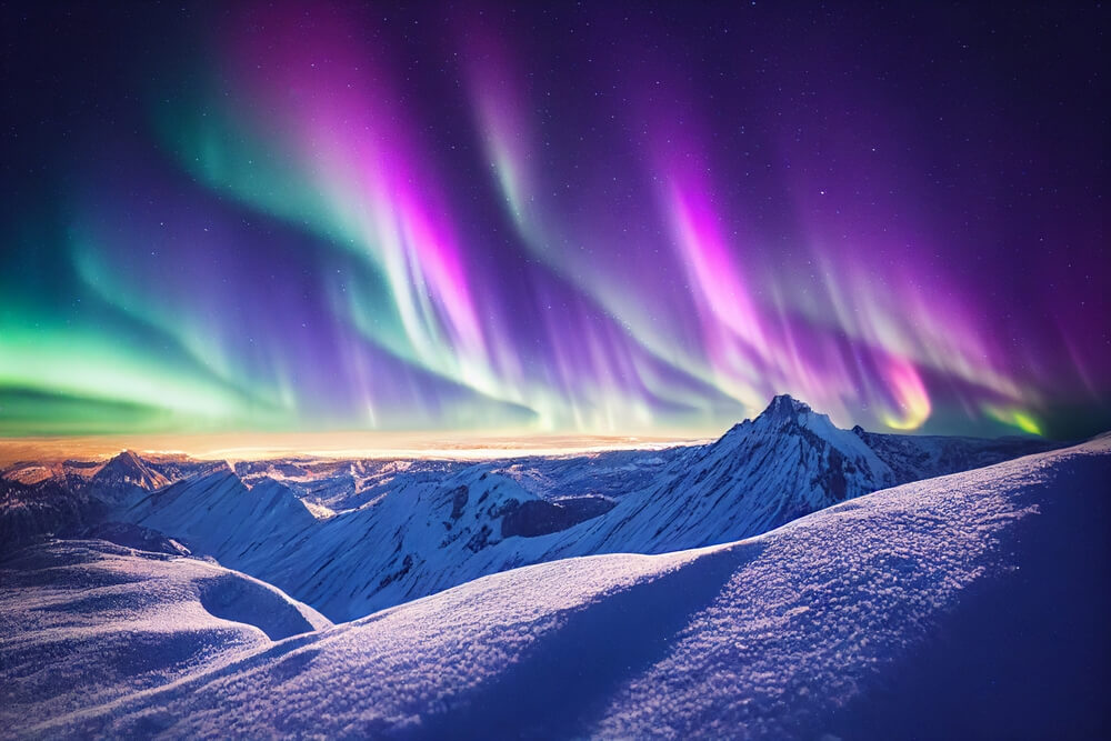 Northern Lights over snowy mountains. Aurora borealis with starry in the night sky. Fantastic Winter Epic Magical Landscape of snowy Mountains.
