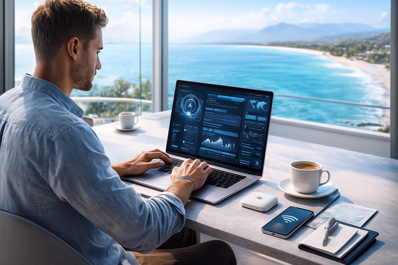 Modern digital nomad working outdoors on a laptop showing a futuristic AI interface, with a portable WiFi device and smartphone on the table, bright minimalist blue‑white tech aesthetic, scenic sea view in the background – remote work meets artificial intelligence and global mobility