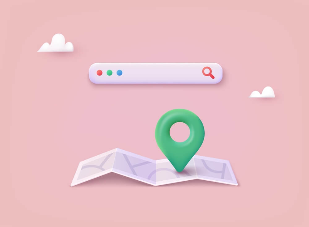 Location folded paper map, search bar and pin isolated. GPS and Navigation Symbol. Element for Map, Social Media, Mobile Apps. 3D Web Vector Illustrations.
