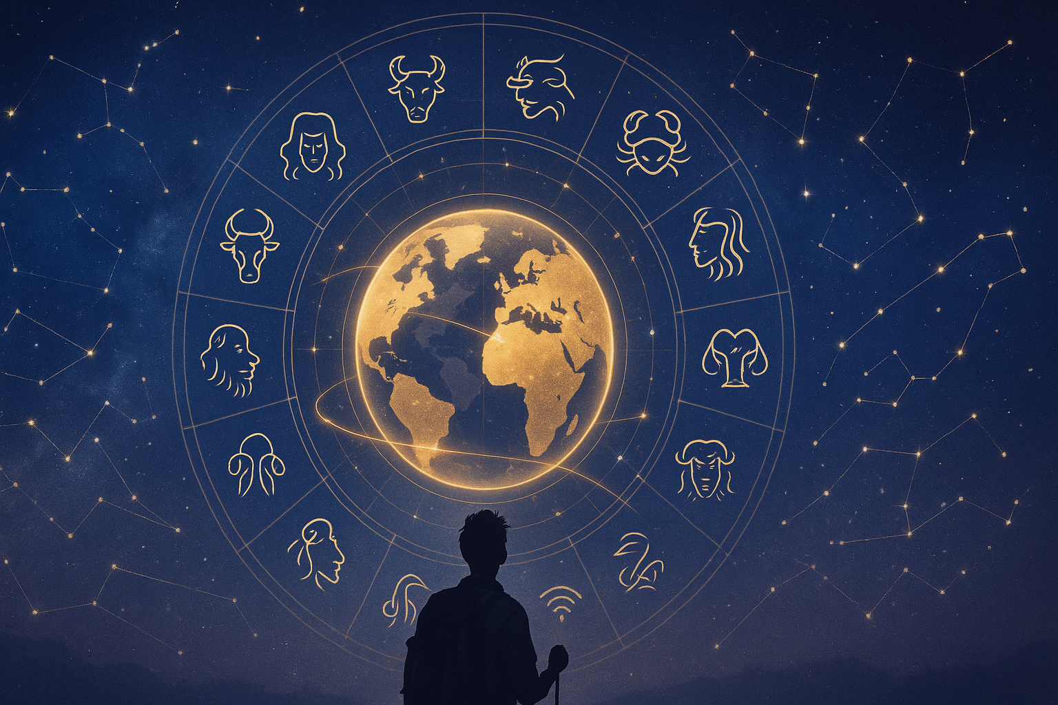 A dreamy, celestial-themed illustration showing a glowing golden Earth encircled by the twelve zodiac signs, set against a starry galactic sky. A silhouette of a traveler looks up at the cosmic scene, with constellations, shooting stars, and a subtle Wi-Fi icon symbolizing global travel and digital nomad lifestyle.