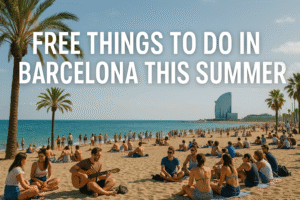 People relaxing on Barceloneta Beach in Barcelona on a sunny summer day, enjoying free activities with palm trees, the Mediterranean Sea, and W Hotel in the background
