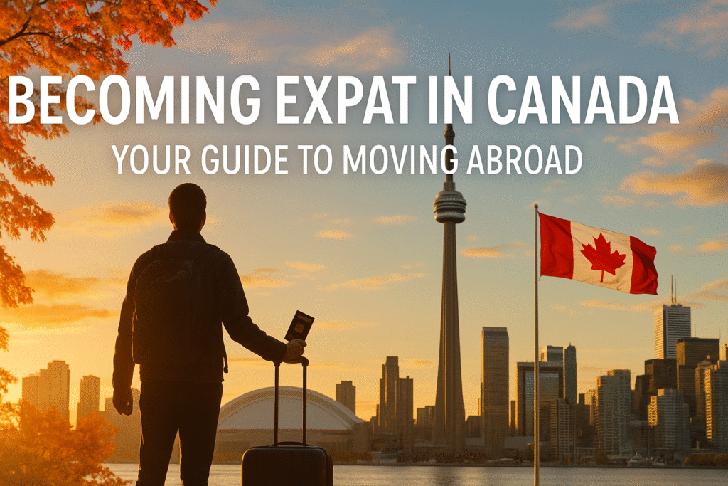 Traveler with suitcase and passport overlooking Toronto skyline at sunset with CN Tower, Canadian flag, and autumn leaves — symbolizing moving to Canada as an expat.