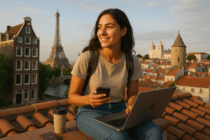 Empowered solo female traveler working remotely with scenic global landmarks in the background, representing the best countries for women to live in 2025.