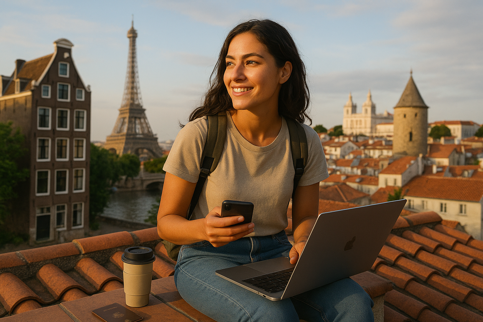 Empowered solo female traveler working remotely with scenic global landmarks in the background, representing the best countries for women to live in 2025.