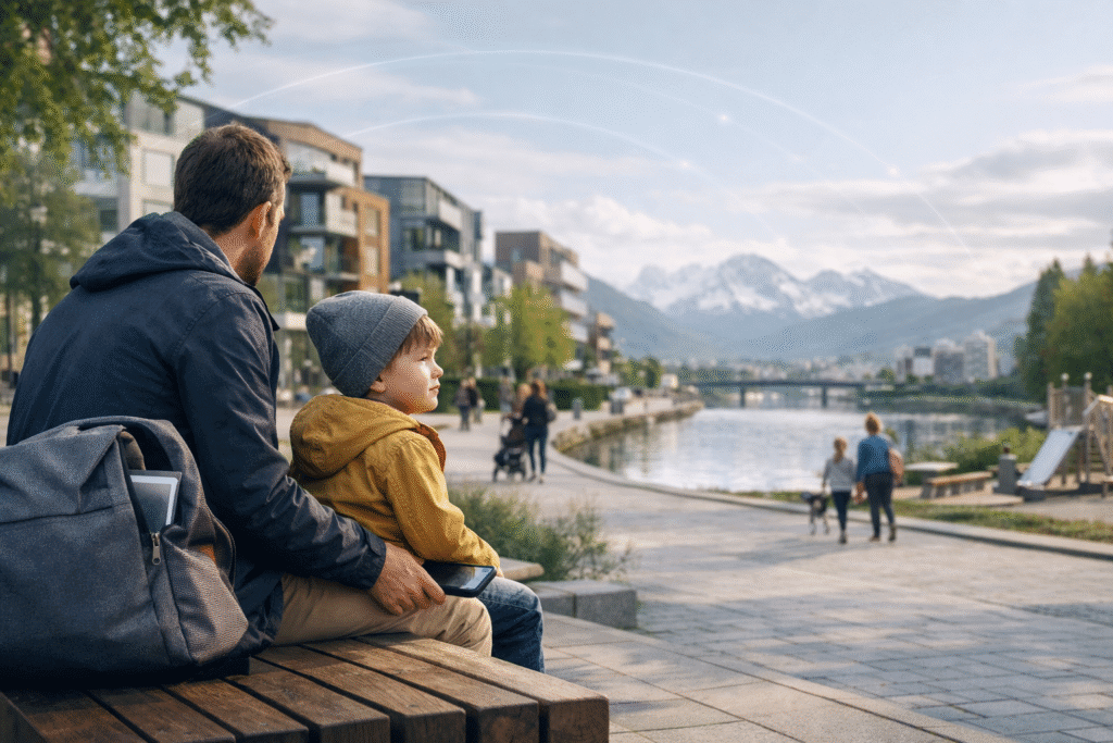 Parent and child in a safe European city with modern architecture and green spaces, representing the best countries to raise a child in 2026 for parents living abroad.