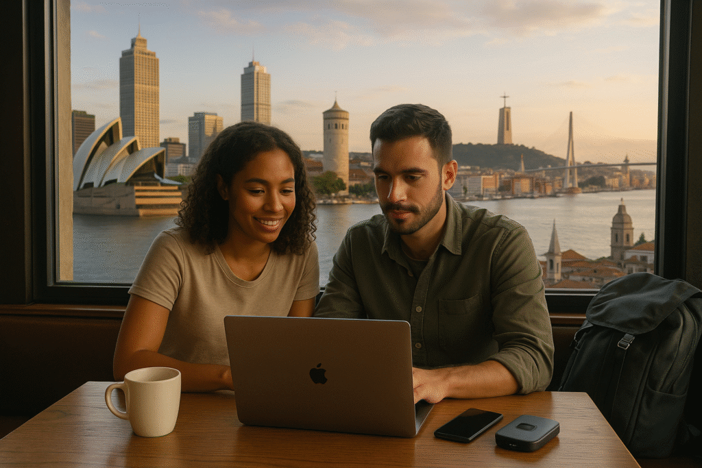 Digital nomad couple working on a laptop in a modern café with a panoramic view of iconic global city skylines including Sydney, Copenhagen, and Lisbon, at golden hour, symbolizing remote work and international mobility in 2025.