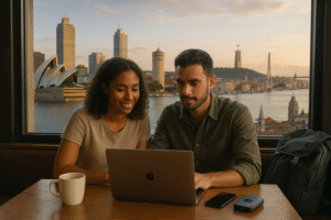 Digital nomad couple working on a laptop in a modern café with a panoramic view of iconic global city skylines including Sydney, Copenhagen, and Lisbon, at golden hour, symbolizing remote work and international mobility in 2025.