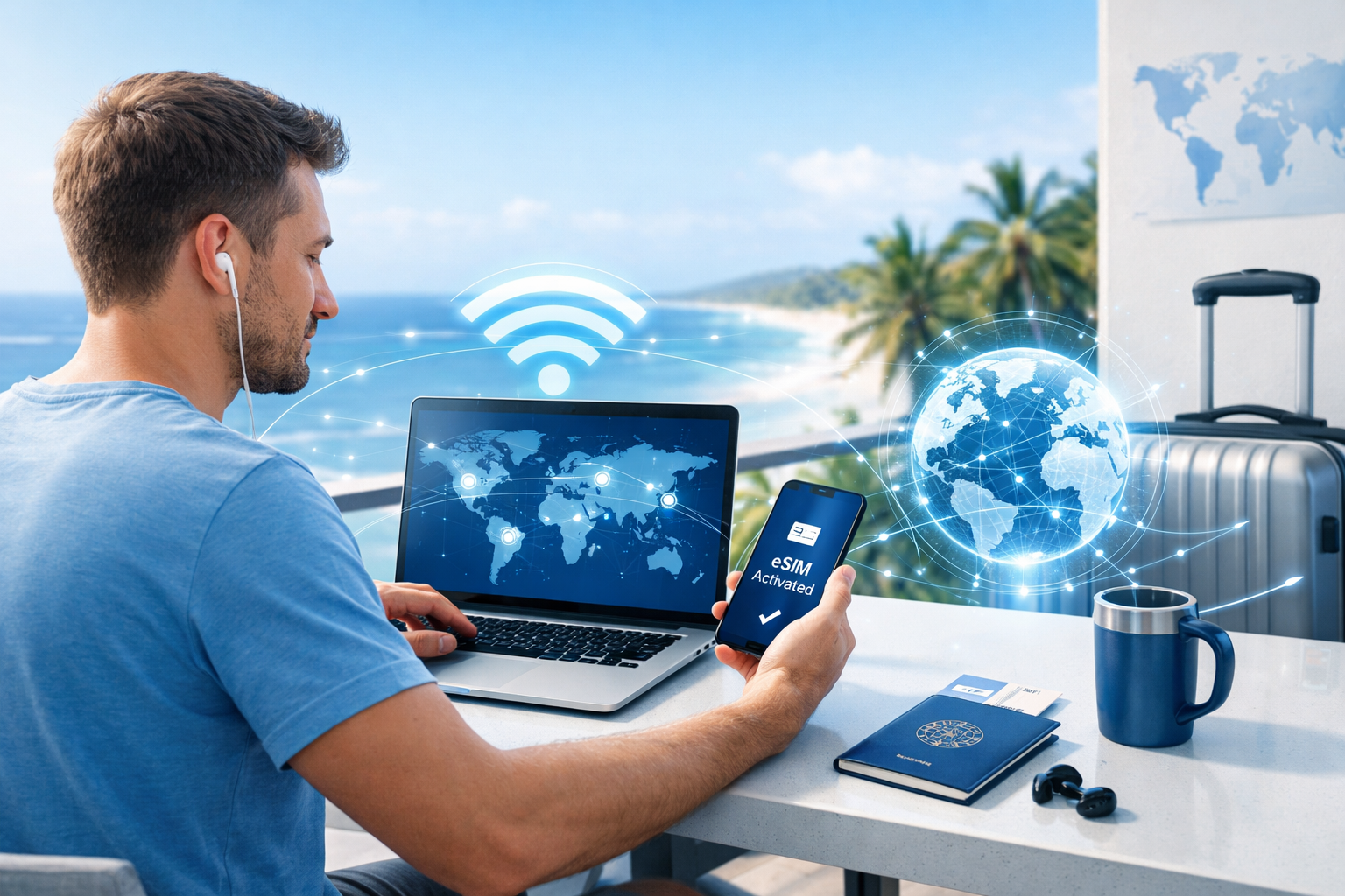 Digital nomad using laptop and smartphone with strong WiFi connection while traveling, symbolizing the best internet options for remote work.