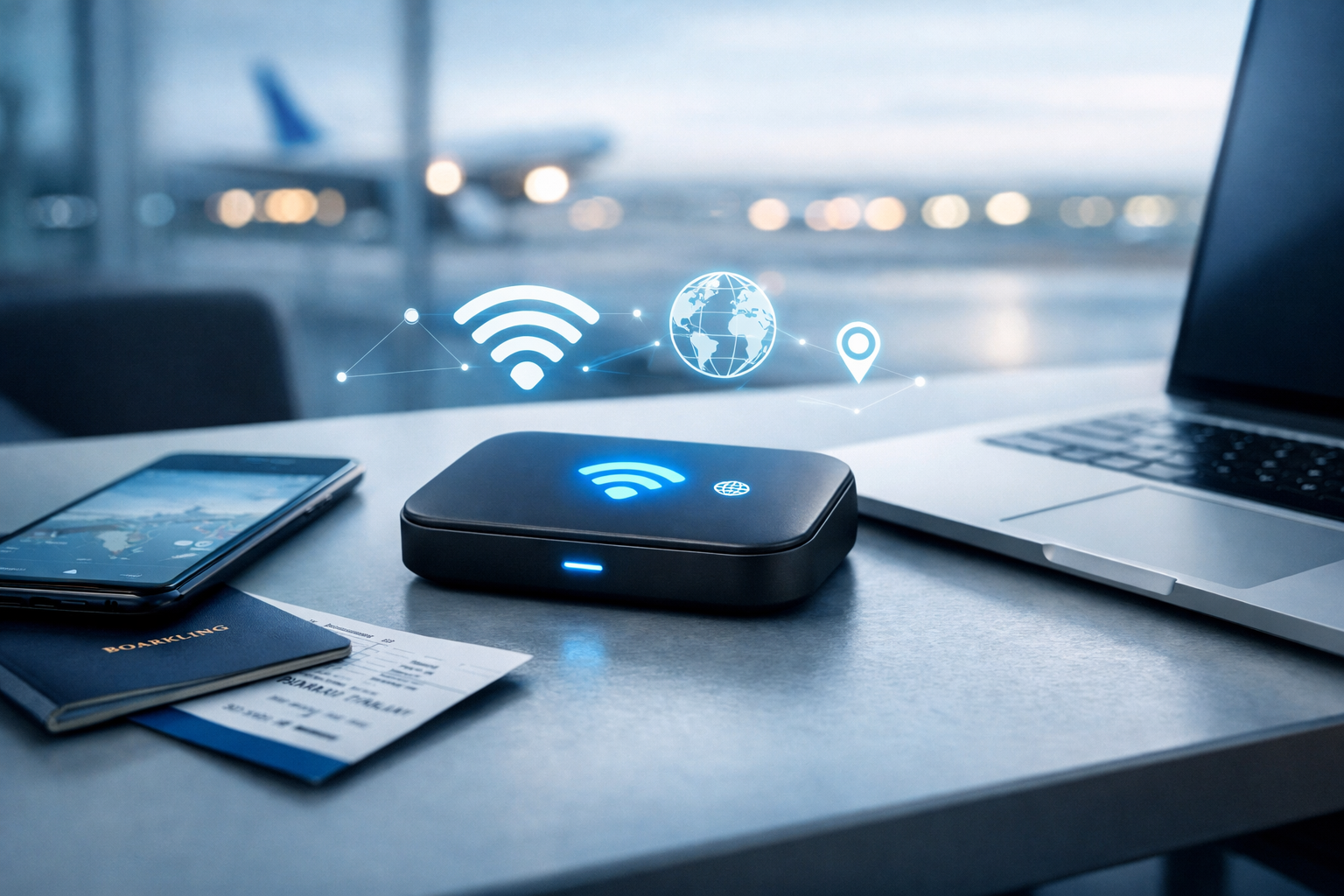 Best WiFi box travel solution shown in an airport lounge, portable hotspot device providing secure high-speed internet for digital nomads and frequent travelers using ConnectPls connectivity services