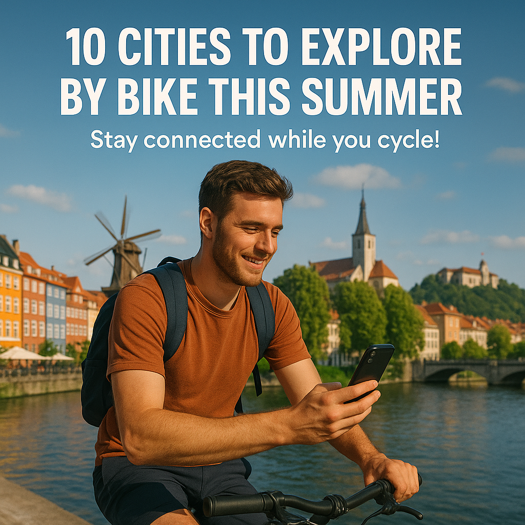 Man cycling through scenic European cities including Copenhagen, Amsterdam, Paris, and Ljubljana while using smartphone for navigation – promoting summer bike travel and portable WiFi with Connectpls