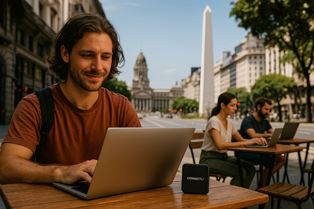 Digital nomads working on laptops at an outdoor café in Buenos Aires with the Obelisco in the background, using ConnectPls portable WiFi device