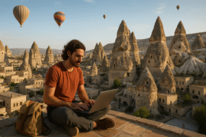 Digital nomad working on a laptop atop a rooftop in Cappadocia, Turkey, with fairy chimneys and hot air balloons in the background during golden hour