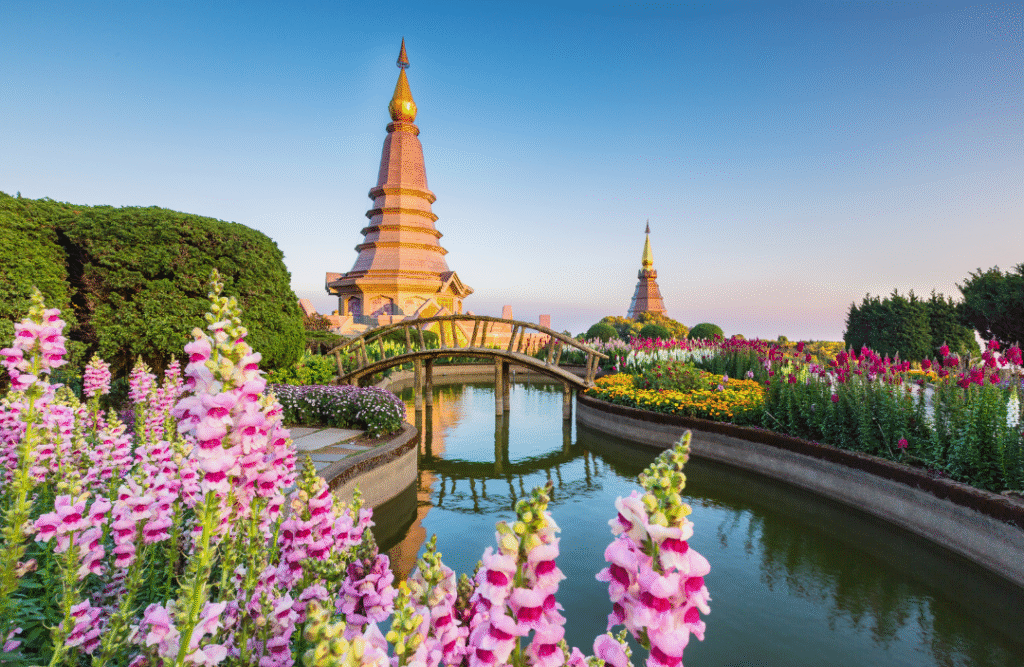 Colorful garden with twin pagodas at Doi Inthanon National Park in Chiang Mai, Thailand – a top travel destination in Southeast Asia