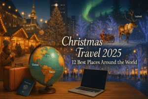 Festive collage showcasing top Christmas travel destinations for 2025, including Vienna Christmas market, Rockefeller Center tree in New York, Tokyo winter illuminations, and Lapland reindeer sleigh under Northern Lights, with a travel-themed setup featuring a globe, passport, suitcase, and laptop – ideal for digital nomads and holiday travelers